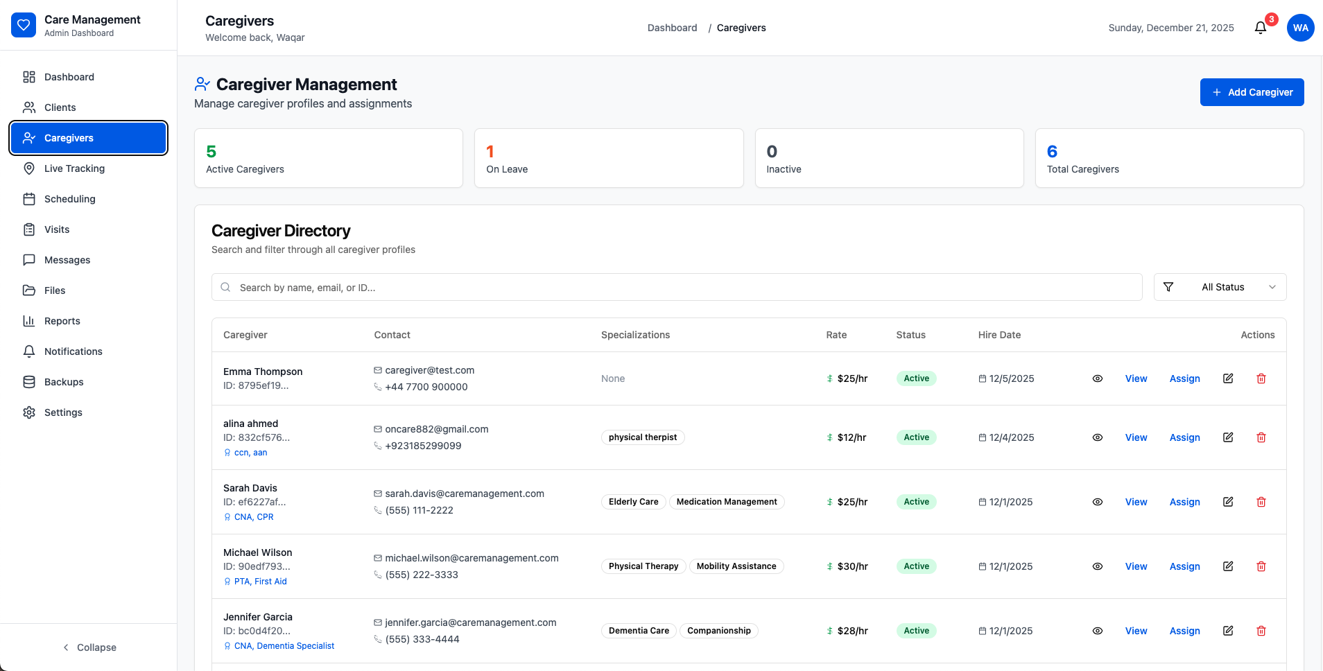 Caregivers Management